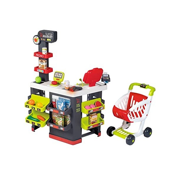 Smoby - Supermarket - Marchande pour Enfant - Chariot de Course Inclus - Vraie Calculatrice - 42 Accessoires - 350234