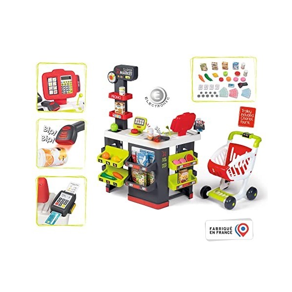 Smoby - Supermarket - Marchande pour Enfant - Chariot de Course Inclus - Vraie Calculatrice - 42 Accessoires - 350234