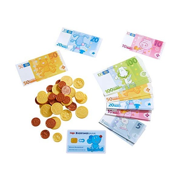 Haba - Argent pour jeu de marchand - Billet euro en papier solide avec carte de crédit pour enfant - Jeux de rôle - Apprendre