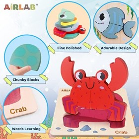 Airlab Jeux Puzzle Bois Bébé 1 2 3 4 Ans, Casse-têtes Animaux Marins 3D avec Cadre et Sac Rangement, Jouet Éducatif Éveil Mon