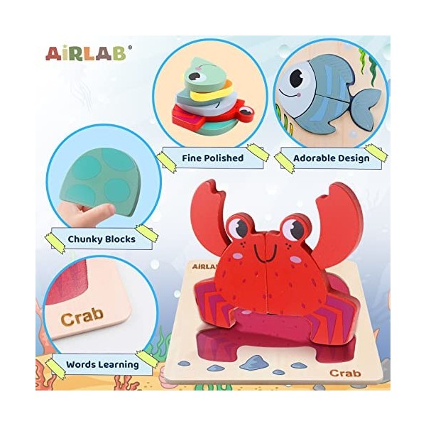 Airlab Jeux Puzzle Bois Bébé 1 2 3 4 Ans, Casse-têtes Animaux Marins 3D avec Cadre et Sac Rangement, Jouet Éducatif Éveil Mon