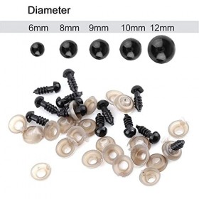 AUNMAS 100pcs 6/9/10 / 12MM Yeux de sécurité de poupée Noire en Plastique W/rondelle pour Jouets de feutrage dours en Peluch