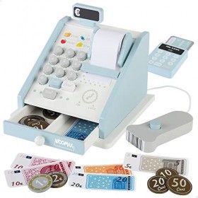 WOOMAX 49332 - Caisse enregistreuse en bois avec accessoires, Jouer au supermarché, Avec touches et tiroir, Jouet dimitation