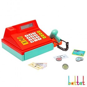 Battat for Kids, Toddlers – 49pc Money, Credit Card, Pretend Play Toy – 3 Years + – Red Calculating Cash Register with Scanne