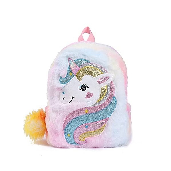 Carolilly Sac à Dos en Peluche Enfant Mignon Licorne Sac à Dos en Faux Fourrure Sac Scolaire Fille Primaire Violet, 21cm*8cm