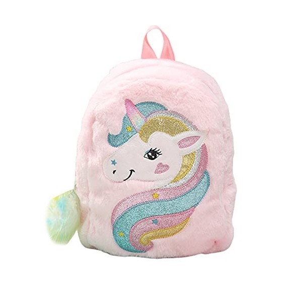 Carolilly Sac à Dos en Peluche Enfant Mignon Licorne Sac à Dos en Faux Fourrure Sac Scolaire Fille Primaire Violet, 21cm*8cm