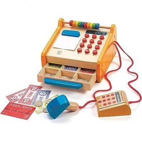 Hape - Caisse Enregistreuse Enfants en Bois Durables - Caisse Marchande en Bois avec Calculatrice, Billets, Pièces, Scanner, 