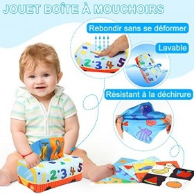 Bébé Jouet Boîte à Mouchoirs en Peluche avec Papier Froissé Et Écharpes En Soie Colorés, Jouet Montessori Bebe 6-12 Mois, Dé