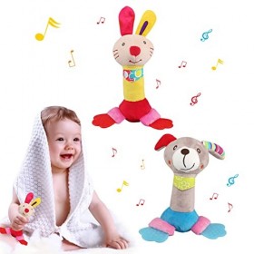 BelleStyle Hochet Bebe, Jouet Bebe 0-12 Mois, 2 Pcs Jouet en Peluche Montessori Coloré avec Hochet Sonore, Jouets déveil Cad
