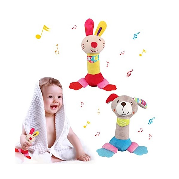 BelleStyle Hochet Bebe, Jouet Bebe 0-12 Mois, 2 Pcs Jouet en Peluche Montessori Coloré avec Hochet Sonore, Jouets déveil Cad