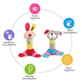 BelleStyle Hochet Bebe, Jouet Bebe 0-12 Mois, 2 Pcs Jouet en Peluche Montessori Coloré avec Hochet Sonore, Jouets déveil Cad