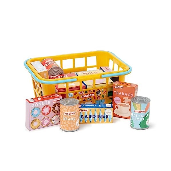 Casdon Shopping Basket, Colourful Toy Shopping Basket for Children Aged 3+, Comes with Miniature Versions of Popular Foods!