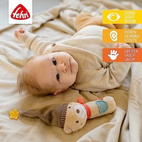 Fehn 060478 Hochet Bâton Ours - Ours en Peluche avec Hochet et Pouet-Pouet -Pour Bébés et Tout-Petits dès 0&nbsp;Mois - Taille 16&nbsp;