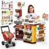 deAO Kids Role Play 65Pcs Supermarché avec Chariot de Supermarché,Jouets Alimentaires,Caisse Enregistreuse de Magasin avec Sc