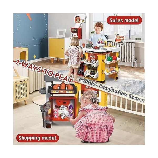 deAO Kids Role Play 65Pcs Supermarché avec Chariot de Supermarché,Jouets Alimentaires,Caisse Enregistreuse de Magasin avec Sc