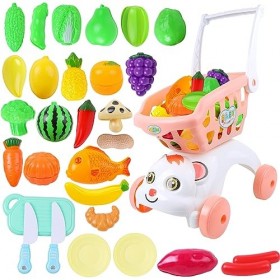 AnJeey Jouet de Chariot de supermarché pour Enfants avec Aliments, Fruits et légumes à découper Ensemble de Jeu de 29 pièces 