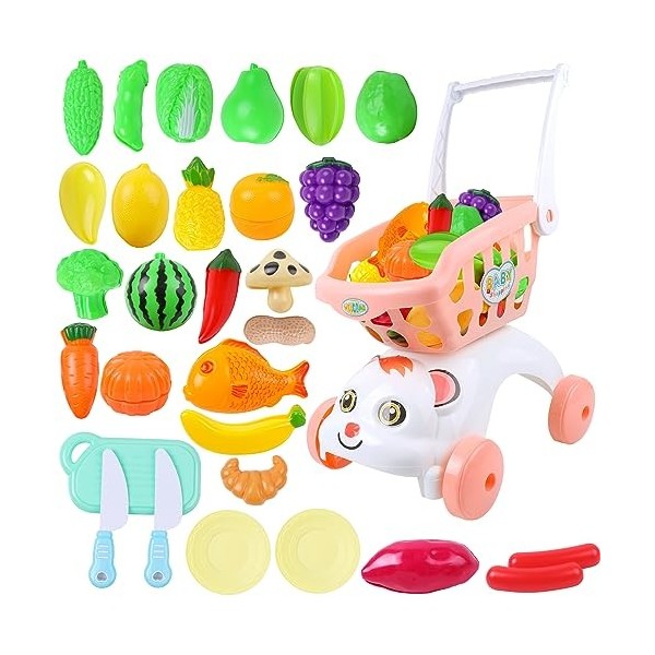 AnJeey Jouet de Chariot de supermarché pour Enfants avec Aliments, Fruits et légumes à découper Ensemble de Jeu de 29 pièces 