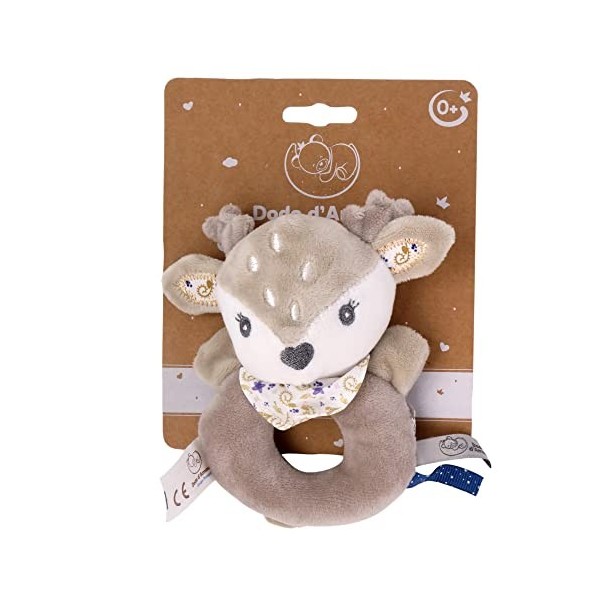 DODO DAMOUR - Doudou Hochet - Biche - 032292 - Beige - Polaire - Naissance - Peluche - Bébé - 13 cm x 10 cm - À Partir de 0 