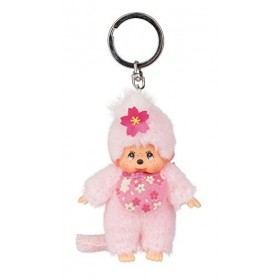 Sekiguchi 242467-Original Monchhichi Fille Cerisier, en Peluche Rose, avec Bavoir et Tresse avec Fleurs, Porte-clés, env. 10 