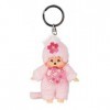 Sekiguchi 242467-Original Monchhichi Fille Cerisier, en Peluche Rose, avec Bavoir et Tresse avec Fleurs, Porte-clés, env. 10 