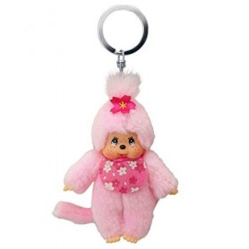 Sekiguchi 242467-Original Monchhichi Fille Cerisier, en Peluche Rose, avec Bavoir et Tresse avec Fleurs, Porte-clés, env. 10 
