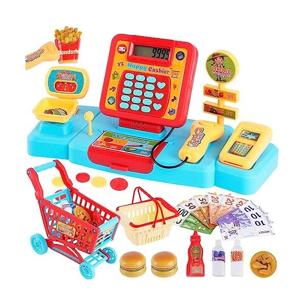 Jouet de caisse enregistreuse électronique avec chariot de courses,caisse enregistreuse de supermarché avec calculatrice,scan
