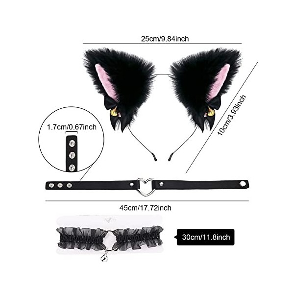 TSHAOUN Oreille de Chat Serre Tete,Noir Serre Tête Oreilles de Chat En Peluche Avec Nœud Et Clochette Déguisement pour Filles