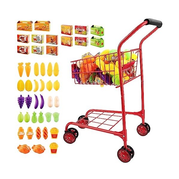 deAO 47 PCS Chariot de Courses Enfant Metal avec Jeux de Fruits Accessoires,Chariots de Courses pour Enfants Ensemble de Joue