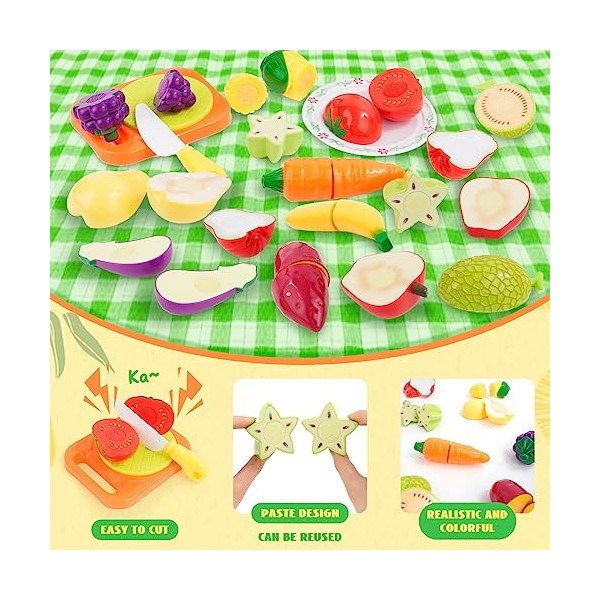 18 pièces Jouets de Cuisine pour Enfants Jouer Accessoires de Cuisine Fruits et légumes pour Couper Simulation Caisse enregis