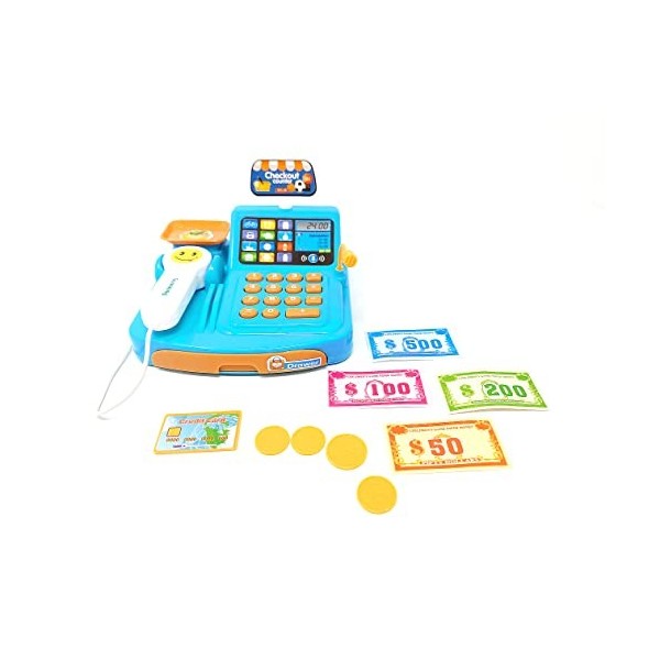 Accessoires de magasinage, caisse enregistreuse pour enfant avec scanner, carte bancaire et argent de jeu