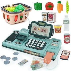 NUKied Caisse enregistreuse pour enfants - Jouet électronique classique avec son, scanner, nourriture, panier de courses, car