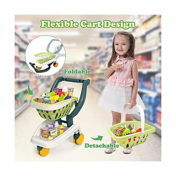 KalaDuck Chariot Course Enfant, Chariot Dépicerie de Supermarché Pliable 35  Pièces, Panier Dachat Amovible avec Accessoires