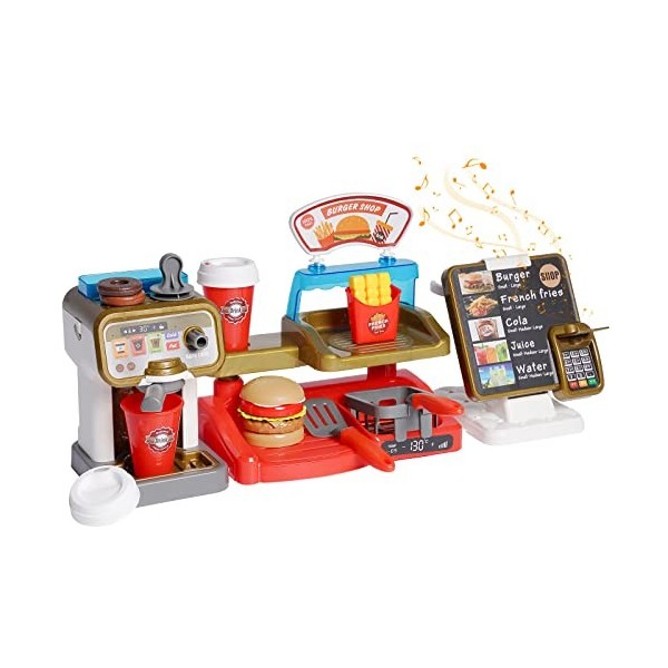 Machine à café Jouet Pretend Role Play Burger Shop Caisse enregistreuse avec Son, Kids Kitchen Pretend Play Sets Appareils de