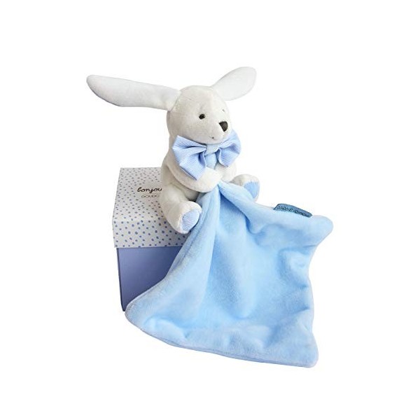 Doudou et Compagnie - Doudou Lapin Mouchoir - Boîte en Forme de Fleur - Bleu - Idée Cadeau de Naissance Fille et Garçon - Gar