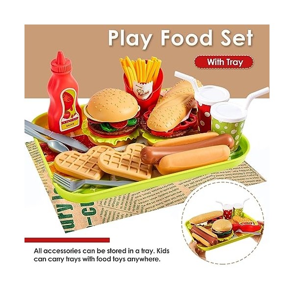 BUYGER Dinette Enfant Hamburger Jouet Aliment Cuisine avec Plateau Frites Hot-Dogs, Jeu dimitation 3 4 5 Ans