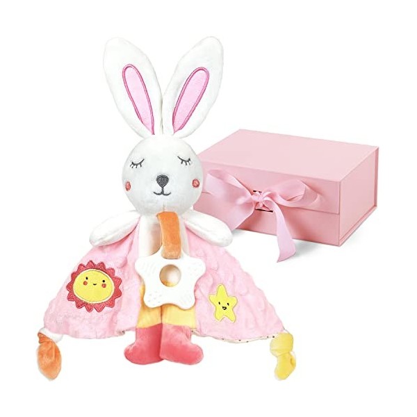 Doudou Lapin Peluche. Serviette Apaisante Bébé.Utilisé comme Jouet d’Eveil, Coffret Cadeau Naissance, Garçon Fille de 0-3 Ans