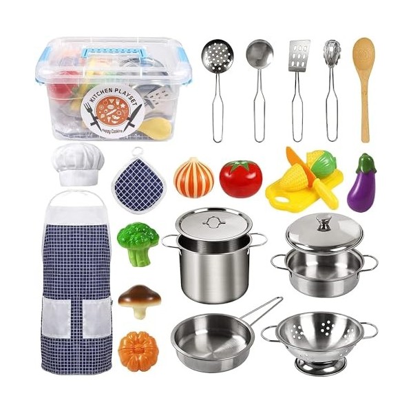 Ensemble De Cuisine Pour Enfant - Jeu De Rôle Avec Tablier, Chapeau, Ustensiles Et Moules - Jouet éducatif Pour Filles Et Garçons Dès 3 Ans (bleu)