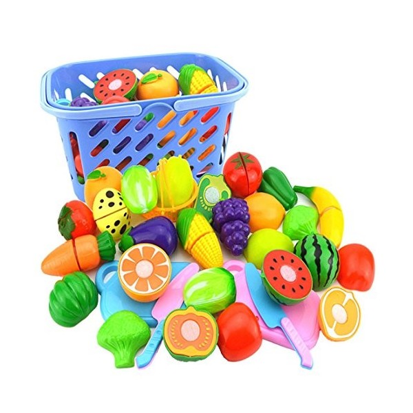 NIWWIN Set de Plats à Jouer pour Enfants, Légumes et Fruits Jouets coupés à Dessiner - Accessoires de Cuisine 23 pièces, avec