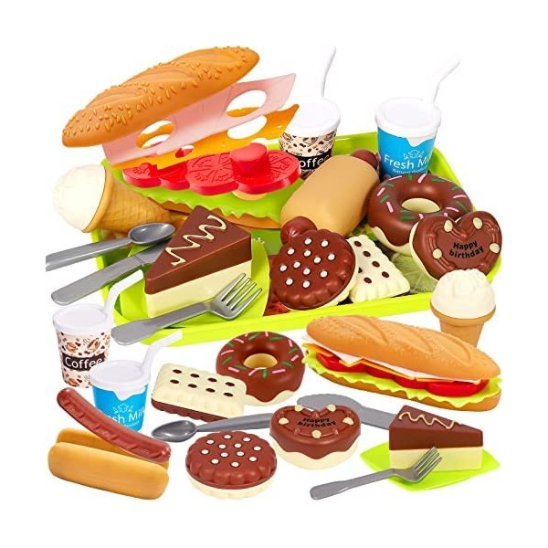 Jouet Aliment Cuisine Dinette Enfant, Jouets Alimentaires avec Hamburger,  Hot-Dogs, Dessert, Biscuits, Donuts et Plateau, Jeux D'imitation Éducatif