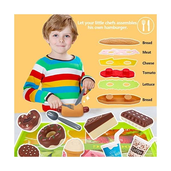 HERSITY Jouet Aliment Cuisine Hamburger, Dinette Enfant avec Gâteau Dessert Plateau, Jeux Dimitation Cadeau pour Fille Garço