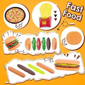 Czemo 56 Pièces Jouet Dinette Cuisine Enfant Jeu dImitation Hamburgers Pizza Jouet Aliment de Cuisine Dinette Enfant, Hambur