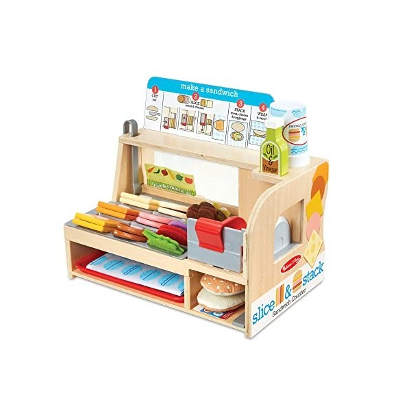 Melissa & Doug Le Bistro Sandwicherie en Bois, Comptoir avec 52 pièces et accesoires, Aliments en bois, Jeu dimitación, Joue