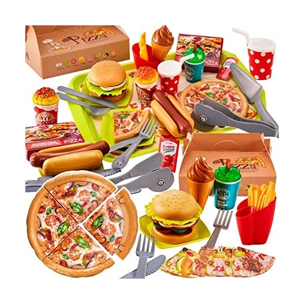LINFUN KIDS Jouet Aliment Enfant, Dinette Accessories Jeux Dimitation  Cuisine avec Hamburger Pizza Plateau, Nourriture de Je
