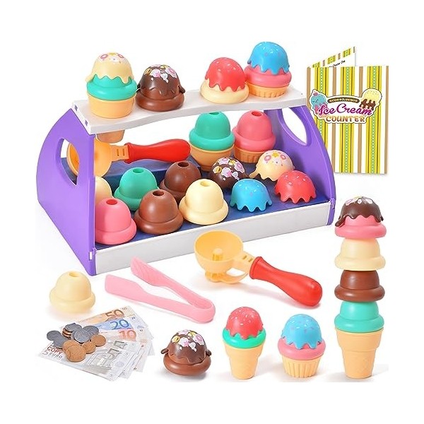 Tacobear Jeu de Crème Glacée pour Enfant, Glacier Accessoires de Cuisine avec Jouets Aliments Argent pour Jouer, Jouet Montes