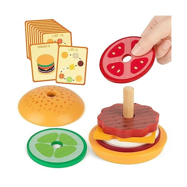 Vanmor Bois empilable Hamburger Montessori Jouet pour Les Enfants de 3 Ans et Plus, Faire Semblant de Jouer Nourriture Hambur