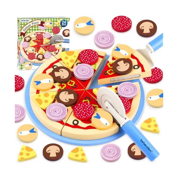 Beberolen Pizza Bois Bébé, Aliments Dinettes Jouer Cuisine, Jeux de Rôle Jouet Éducatif Éveil Montessori, Cadeau Créatif Anni