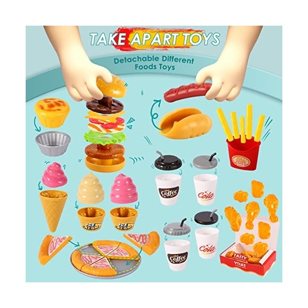 BUYGER Jouet Aliment Hamburger Dinette Enfant, Seau de Stockage en Plastique avec Accessoire de Ustensile de Cuisine Jeux, Je