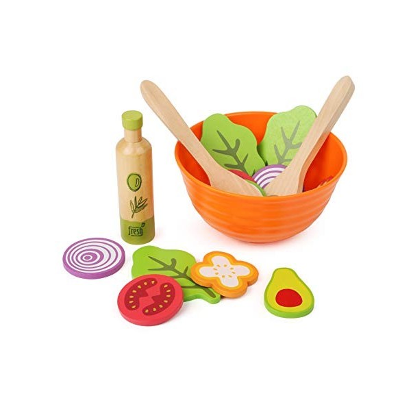 Small Foot- Set Bois, Accessoires de Cuisine pour Enfants végétarien, y Compris Bol, Couverts à Salade et Vinaigrette Jouets,