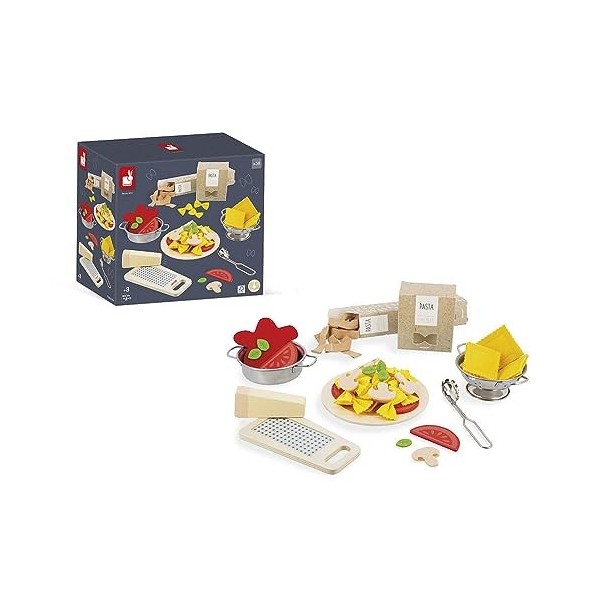 Janod - Pasta Mix - Set de Pâtes - Jouet dImitation Cuisine et Dinette - 58 Eléments Inclus en Bois, Carton et Feutrine - Ce