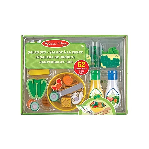 Melissa & Doug Salade à la carte en bois, Accesoires cuisine pour enfants, Aliments en bois 52 pièces, Jeux de rôle restauran